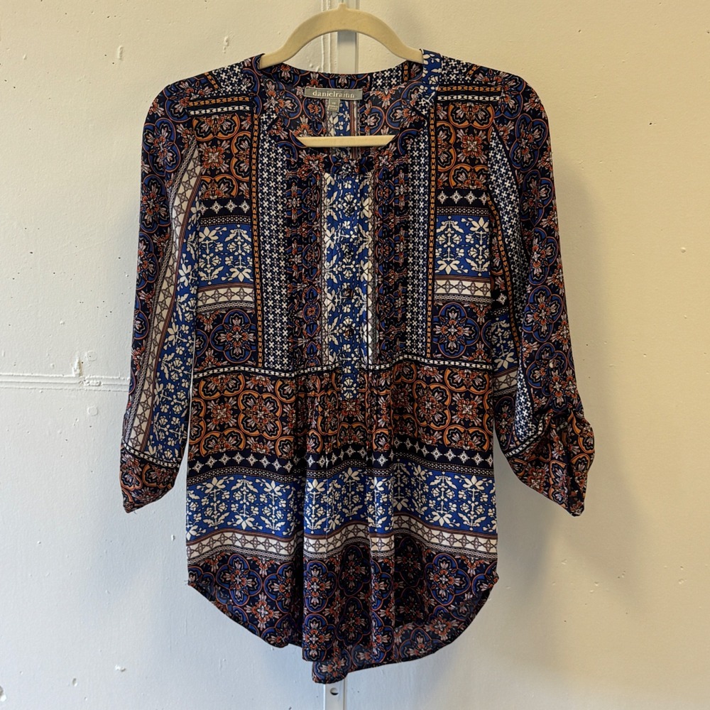 Daniel Rainn Womens Blue Orange Patchwork Boho Pleated Blouse D14122PR1 XS